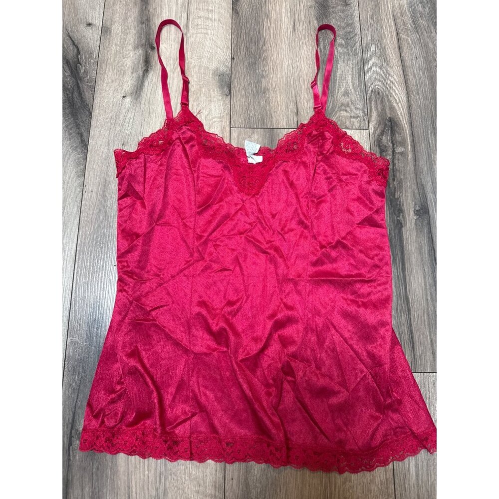 Vintage Mel-Lin Raspberry Pink Red Lace Trim Nylon Camisole